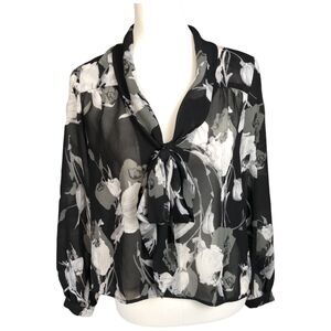 Bobeau Sheer Womens Black long Sleeve Floral Blouse with Tie Front Size XS‎